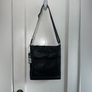 NWT- THE SAK Black Pebbled Leather IRIS Zip Shoulder Bag Crossbody